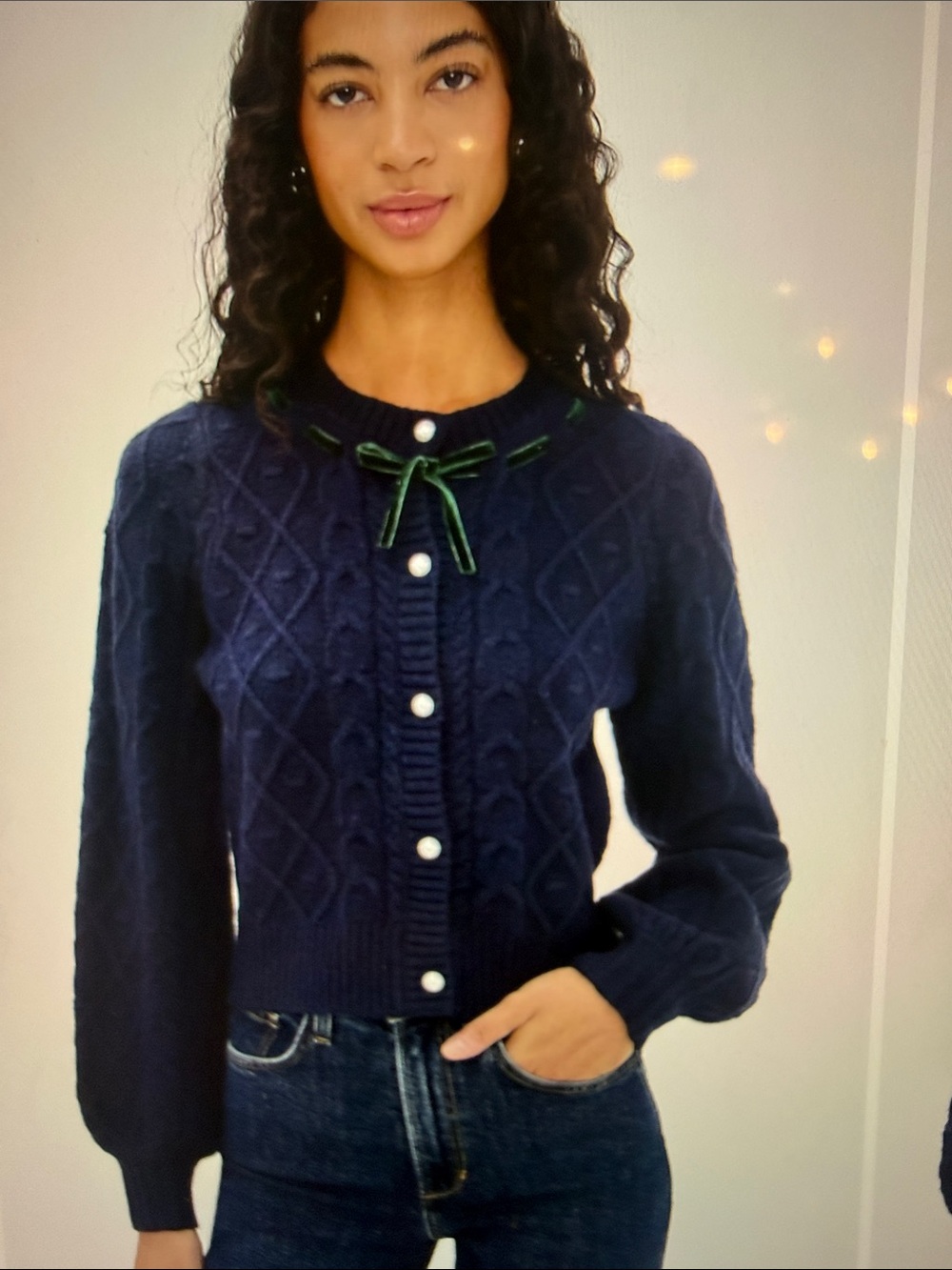 NWT Wayf Navy Cable-Knit Cardigan with Green Velvet Bow & Pearl Buttons